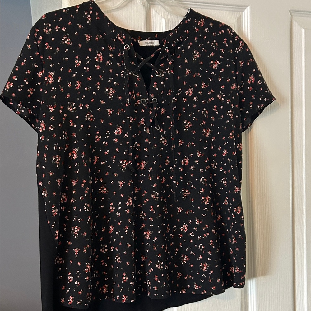 Maurices Black Floral Lace-Up Blouse